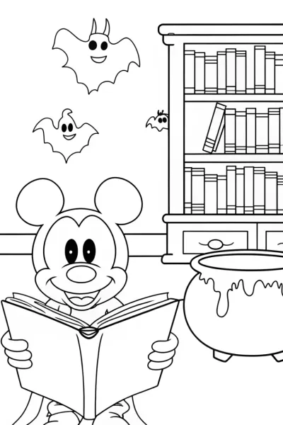 Mickey Mouse’s Magical Haunted Library Coloring Page