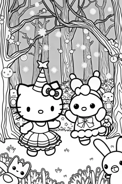 Hello Kitty’s Magical Forest Dance Party Coloring Page
