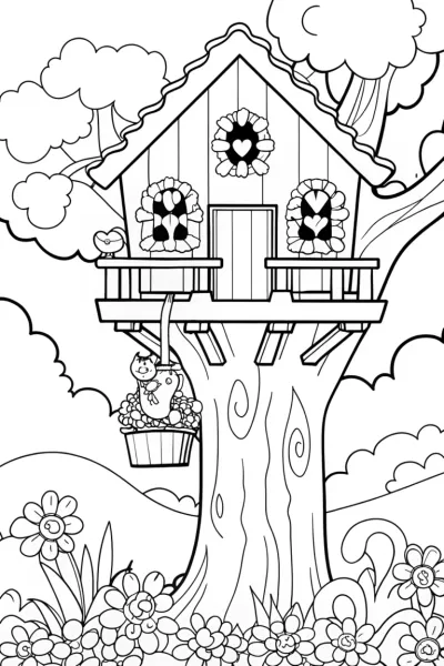 The Enchanted Spring Treehouse Coloring Page