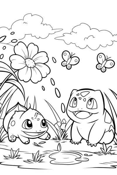 Bulbasaur and Caterpie Garden Coloring Page
