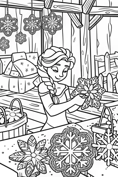Elsa’s Enchanted Snowflake Workshop Coloring Page