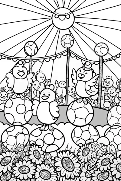 Chickens in a Sunflower Circus Coloring Page