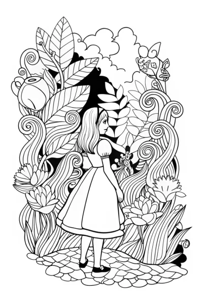 Alice’s Enchanted Tea Garden Coloring Page