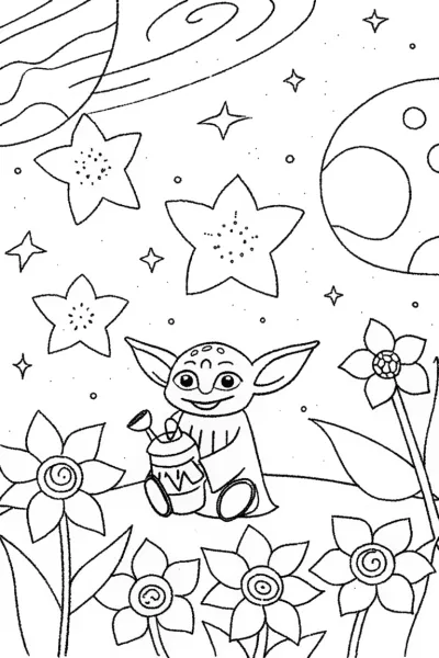 Baby Yoda’s Galactic Gardening Adventure Coloring Page