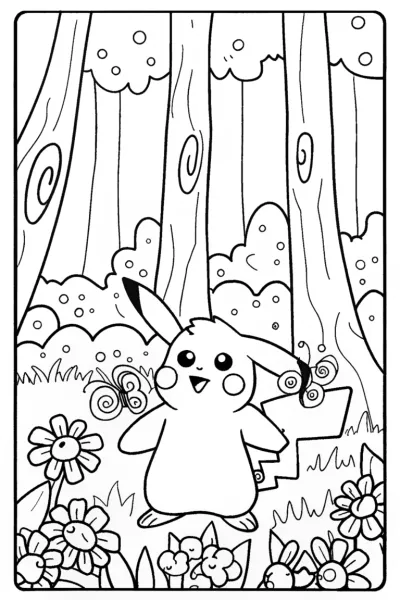 Pikachu and the Magical Forest Coloring Page