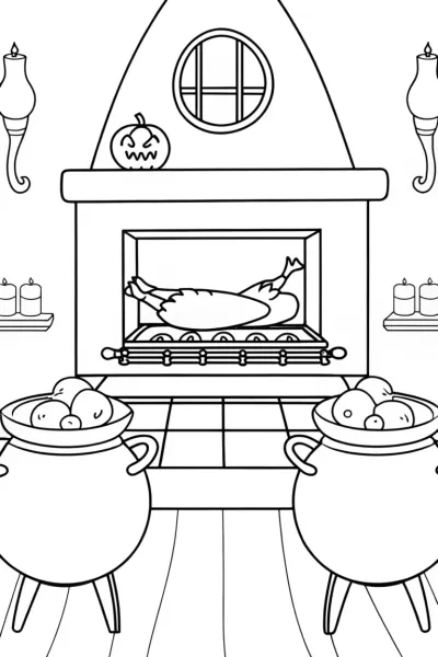 Turkey baking in a magical kitchen