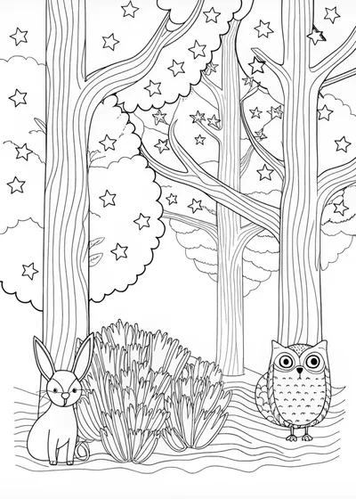 Mystical Night Forest with Stars and Moon