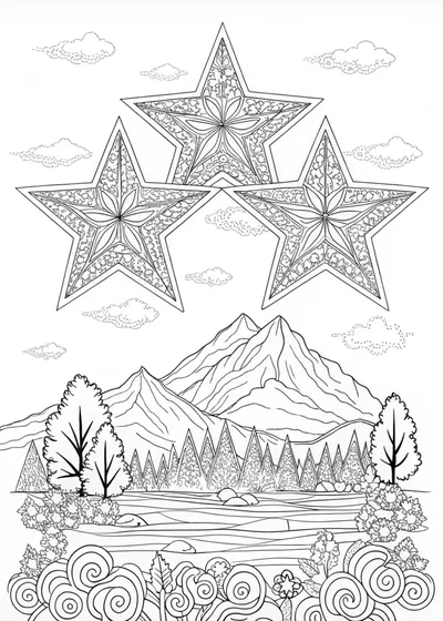 Starlit Mountain Landscape Coloring Page