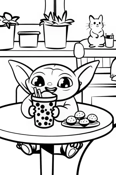 Baby Yoda’s Bubble Tea Adventure Coloring Page