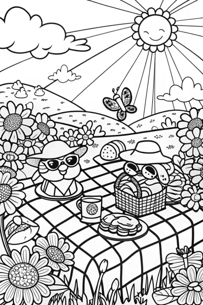 Whimsical Flower Picnic Coloring Page