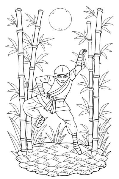 Ninja in the Moonlit Bamboo Grove Coloring Page