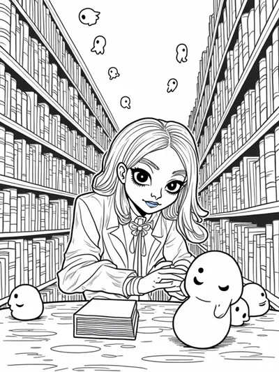 Wednesday Addams in a spooky library