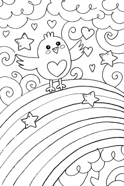 Chick’s Adventure on a Rainbow Coloring Page