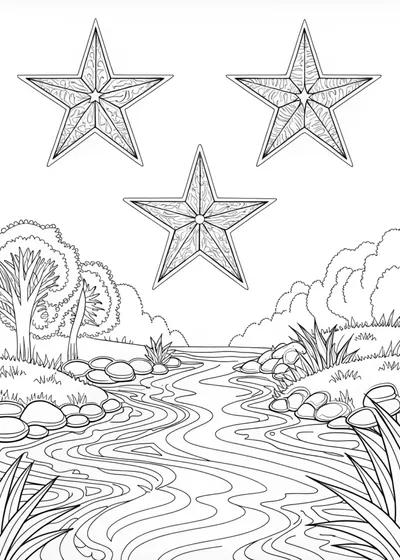 Mountain Stream and Starry Reflection Coloring Page