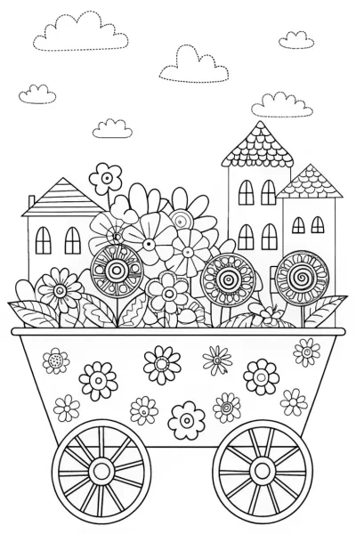 Whimsical Flower Cart Adventure Coloring Page