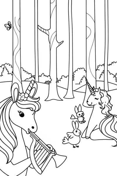 Unicorns making music in a forest