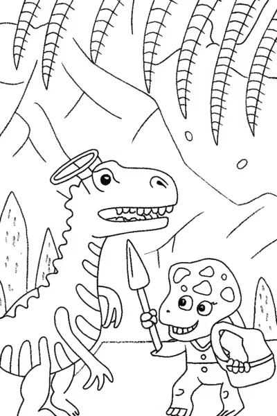 Dinosaur Adventurers in the Fossil Cavern Coloring Page
