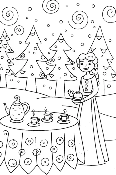 Elsa’s Enchanted Winter Tea Party Coloring Page