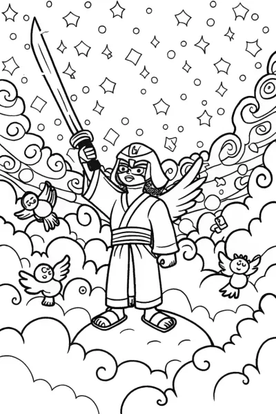 Celestial Samurai in the Cloud Realm Coloring Page