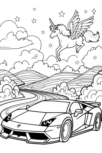 Lamborghini and Mythical Beasts Coloring Page