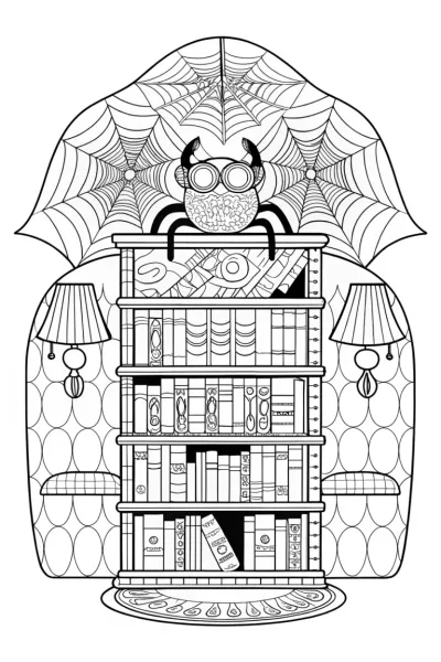 Spider Librarian in a Bookish Wonderland Coloring Page