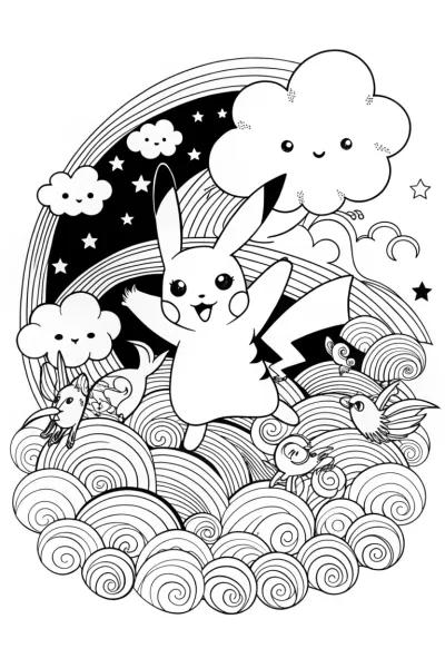 Pikachu’s Dreamy Clouds Adventure Coloring Page