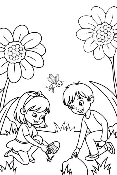 Easter Egg Hunt in the Enchanted Garden Coloring Page
