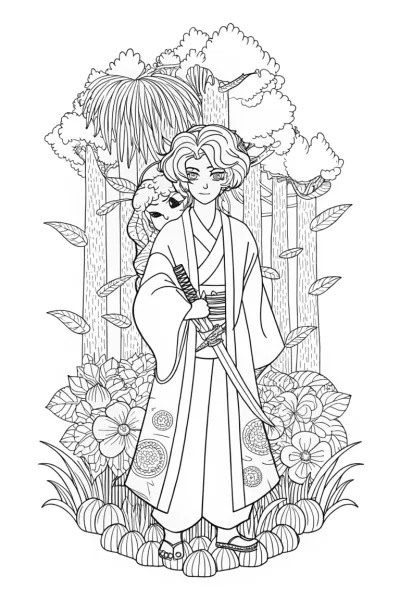 Demon Slayer and Ethereal Lion Spirit Coloring Page