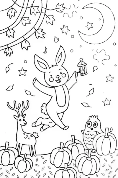 Whimsical woodland creatures under the harvest moon