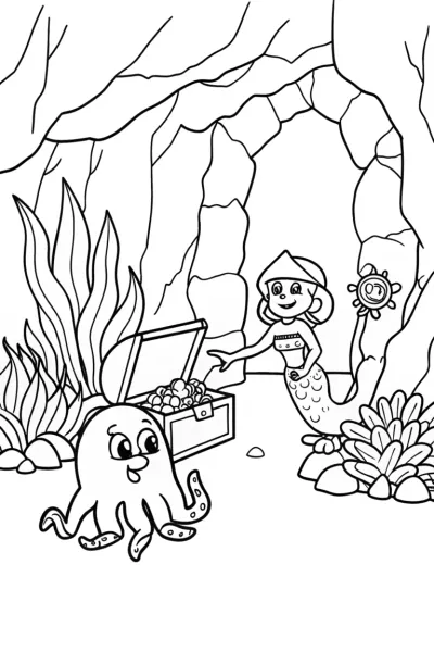Mermaid Treasure Hunt Coloring Page