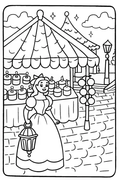 Belle and the Beast in the Enchanted Market Coloring Page