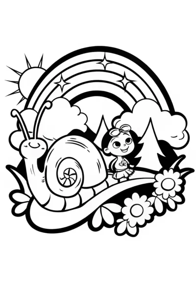 Whimsical rainbow snail ride coloring page
