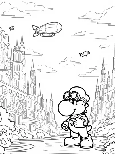 Yoshi in a steampunk city