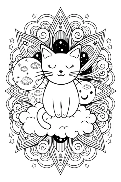 Luna the Cat in a Cosmic Dreamscape Coloring Page