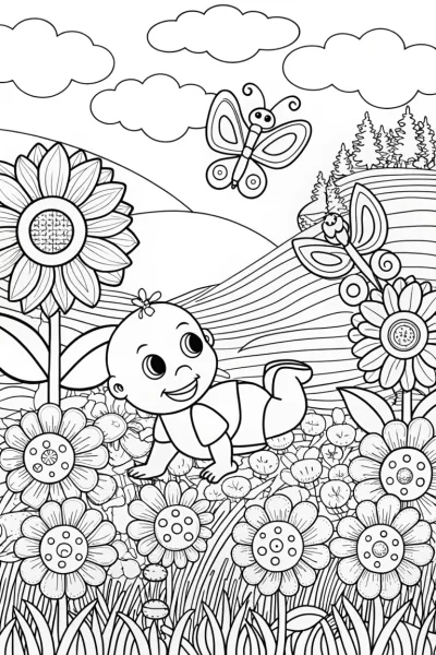 Baby’s Playful Garden Adventure Coloring Page