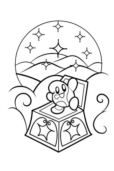 Kirby dancing on a magical music box