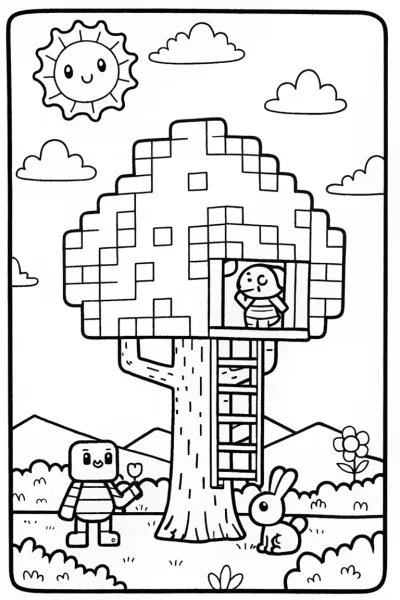 Creeper and Alex Building a Treehouse Coloring Page