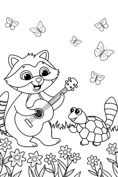 Raccoon and Tortoise Spring Concert Coloring Page