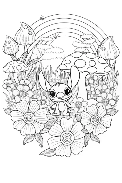 Stitch’s Magical Garden Adventure Coloring Page