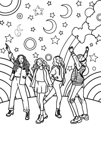 Rainbow High Students in a Celestial Dance Coloring Page