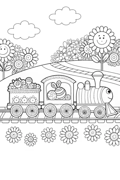 Whimsical Flower Train Adventure Coloring Page