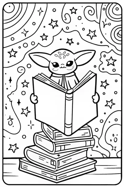 Baby Yoda’s Cosmic Library Adventure Coloring Page