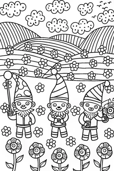 Gnome Gathering in the Enchanted Meadow Coloring Page