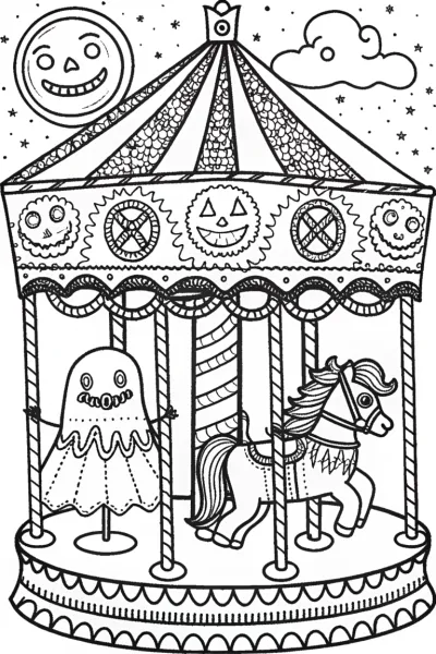 The Enchanted Halloween Carousel Coloring Page
