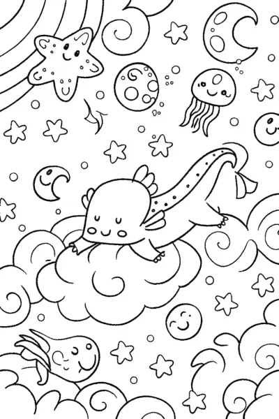 Axolotl’s Dreamy Cloud Adventure Coloring Page