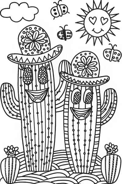 Cuddly Cactus Friends Coloring Page