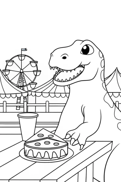 T-Rex enjoying a pie at a fair