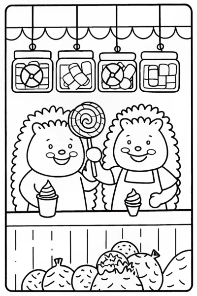 Happy Hedgehogs at the Candy Shop Coloring Page