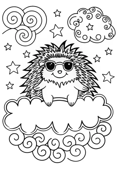 Joyful Hedgehog on a Cloud Coloring Page