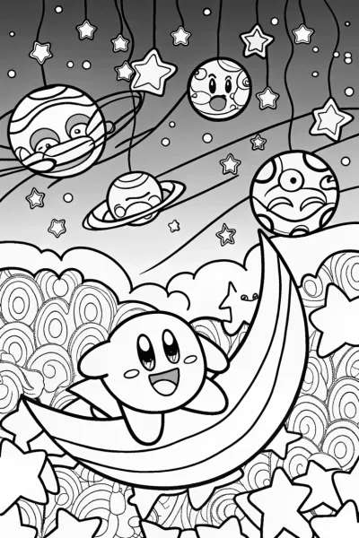Kirby’s Dreamy Space Adventure Coloring Page